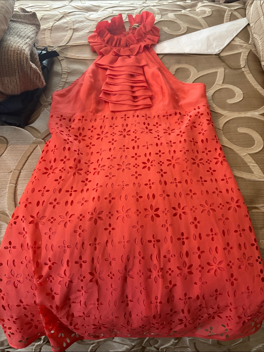 Double Zero Coral Ruffle Halter Eyelet Mini Dress